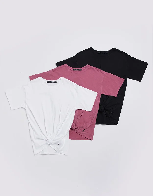 Downtown Tie Tee 3 Pack White, Black & Rose