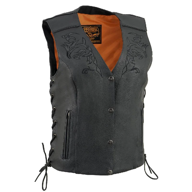 Milwaukee Leather Women's Black Leather Tribal Side Lace Motorcycle Rider Vest- w/ Reflective Piping ML1296