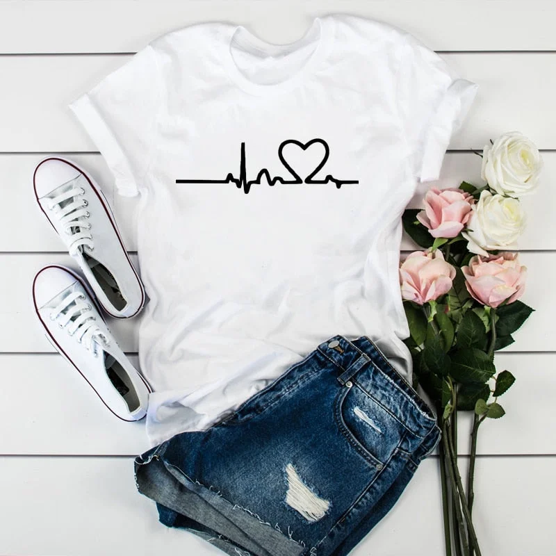 2020 New Women Heartbeat Print Tops Short Sleeve Clothes Harajuku Kawaii O-Neck Streetwear Ladies Graphic Summer Female T-shirt