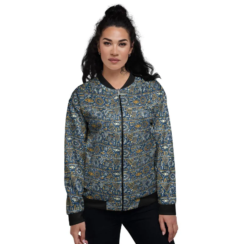 Ancient Egyptian Tribal Blue Print Pattern Women's Bomber Jacket