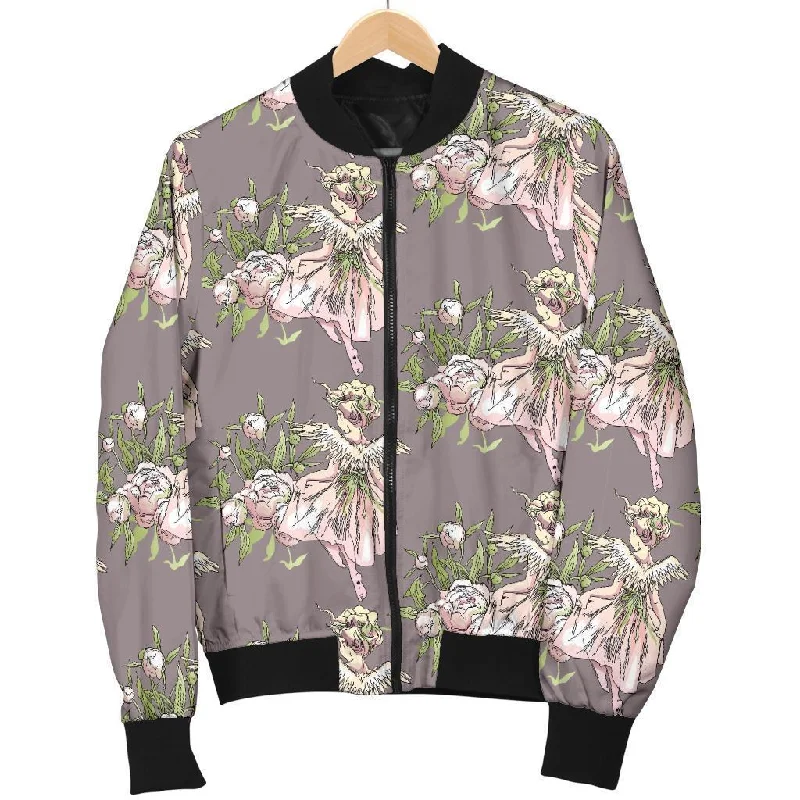 Angel Floral Print Pattern Women Casual Bomber Jacket