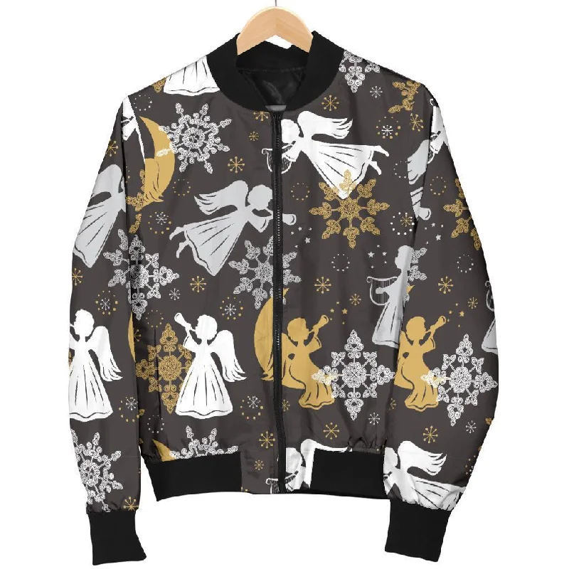 Angel Snowflake Print Pattern Women Casual Bomber Jacket