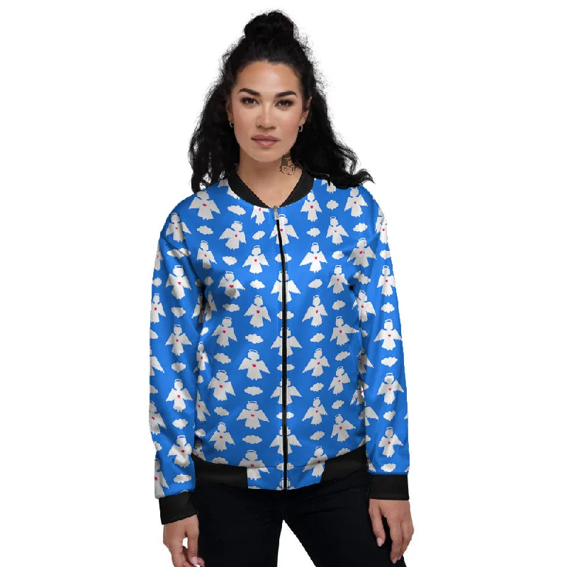 Angel White And Blue Print Pattern Women's Bomber Jacket