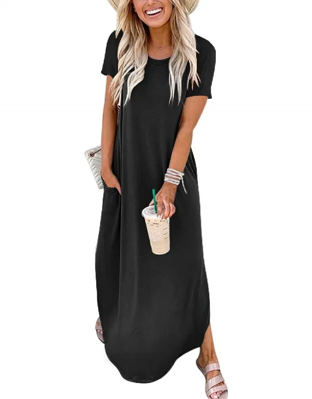 ANRABESS Short Sleeve Split Maxi Summer Long Beach Dress with Pockets