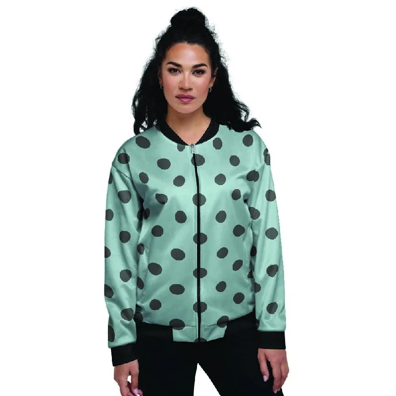 Aqua And Black Polka Dot Women's Bomber Jacket