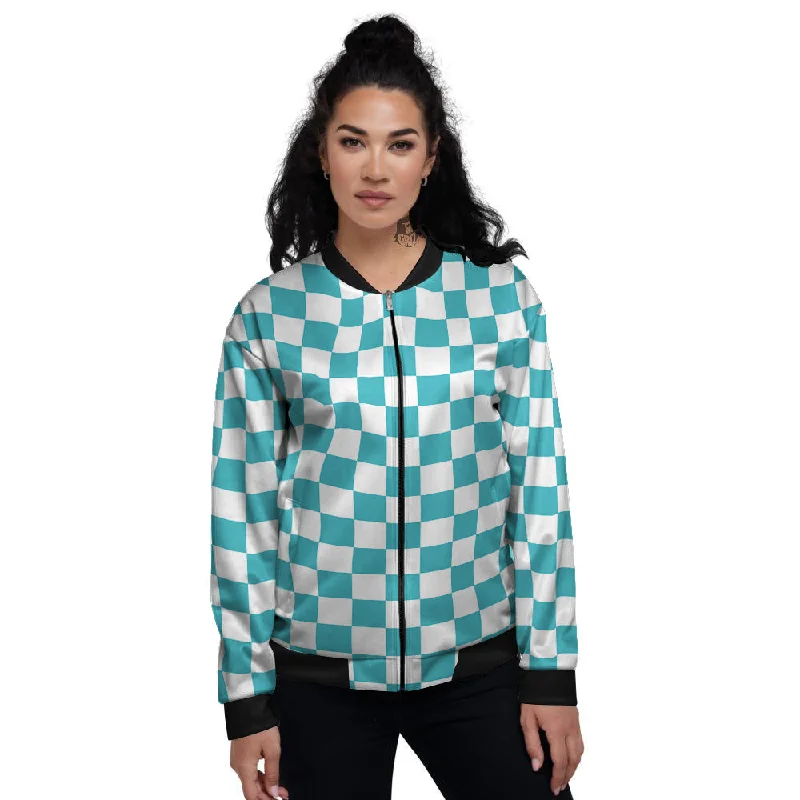 Aqua Checkered Flag Print Women's Bomber Jacket