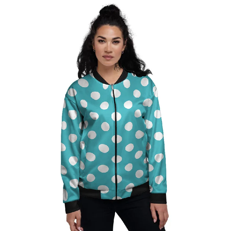 Aqua Color Polka Dot Print Pattern Women's Bomber Jacket