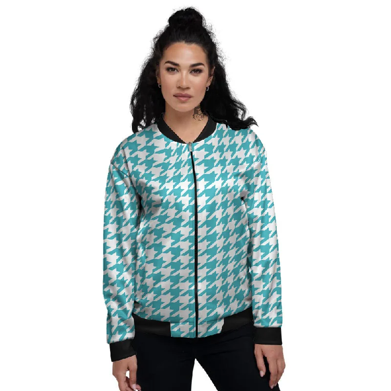 Aqua Houndstooth Print Women's Bomber Jacket