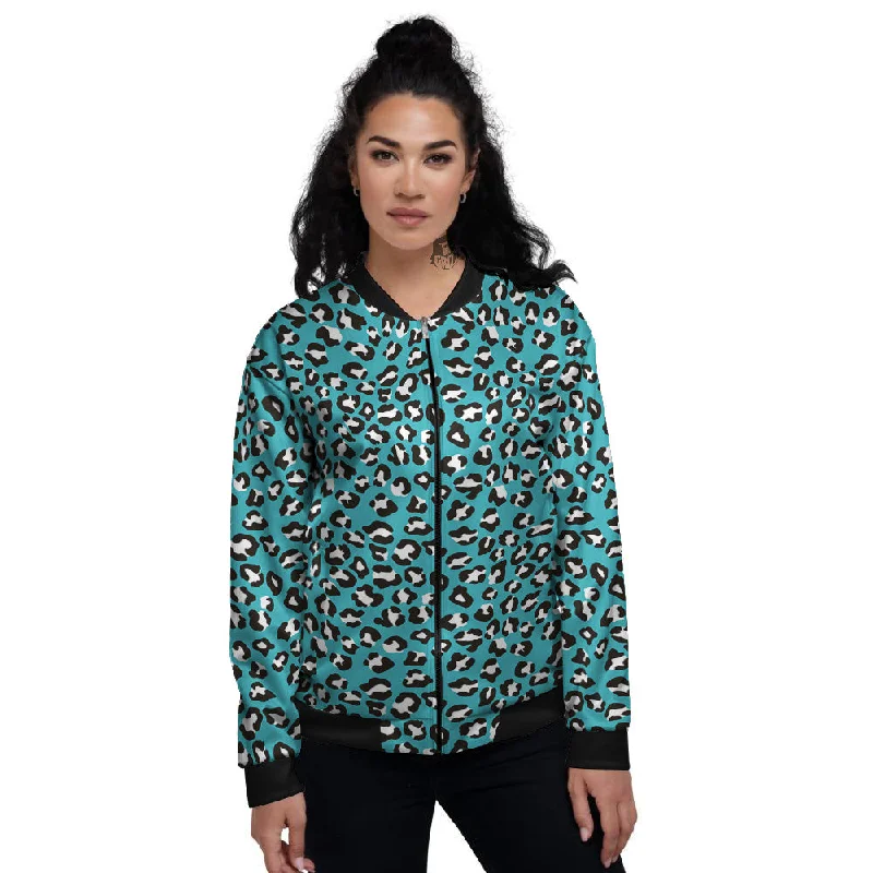 Aqua Leopard Print Pattern Women's Bomber Jacket