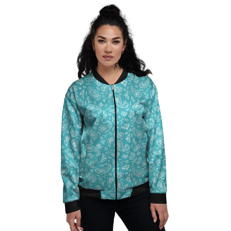 Aqua Paisley Bandana Print Women's Bomber Jacket