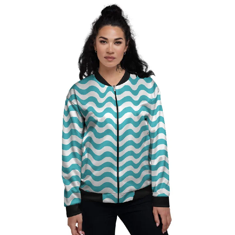 Aqua Wave Striped Print Women's Bomber Jacket