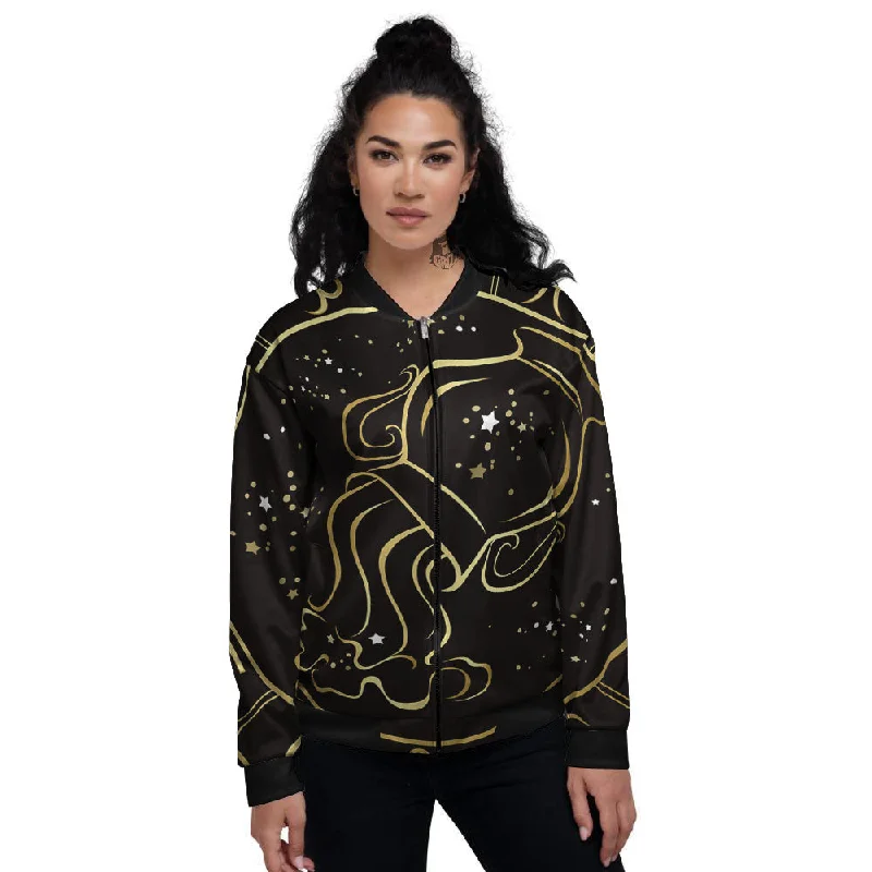 Aquarius Sign Black And Gold Print Women's Bomber Jacket