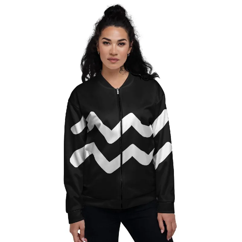 Aquarius Sign White And Black Print Women's Bomber Jacket