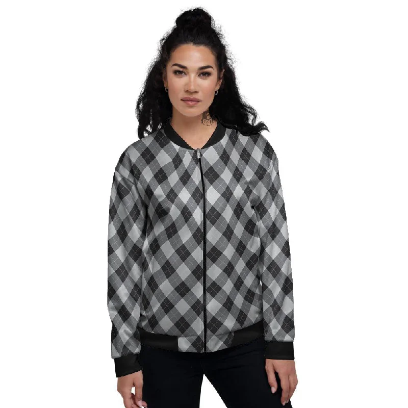 Argyle Black And Grey Print Pattern Women's Bomber Jacket