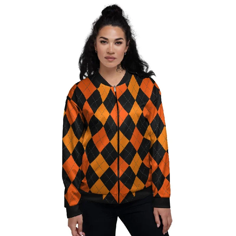 Argyle Black And Orange Print Pattern Women's Bomber Jacket