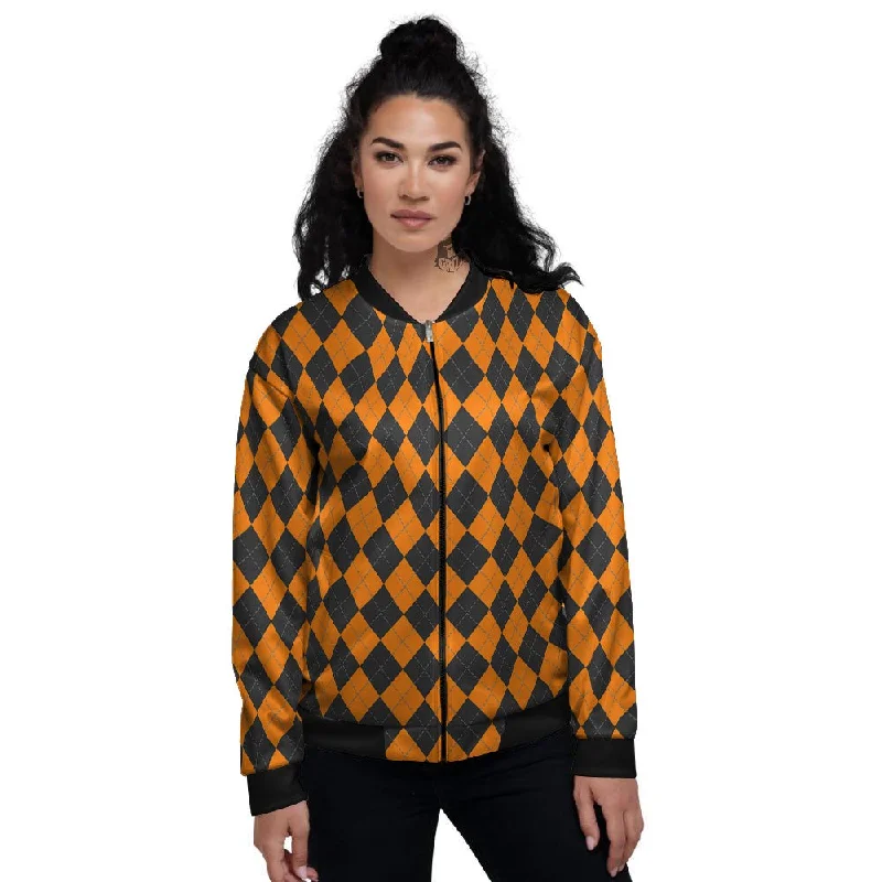 Argyle Black And Orange Print Women's Bomber Jacket