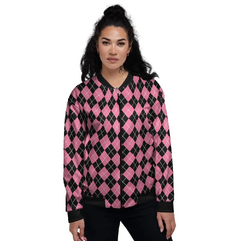 Argyle Black And Pink Print Pattern Women's Bomber Jacket