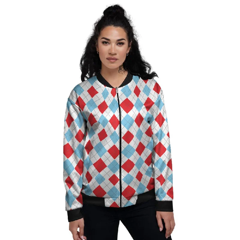 Argyle Blue And Red Print Pattern Women's Bomber Jacket