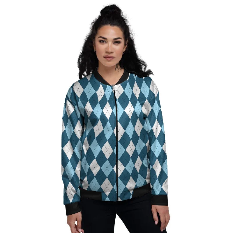 Argyle Blue And White Print Pattern Women's Bomber Jacket