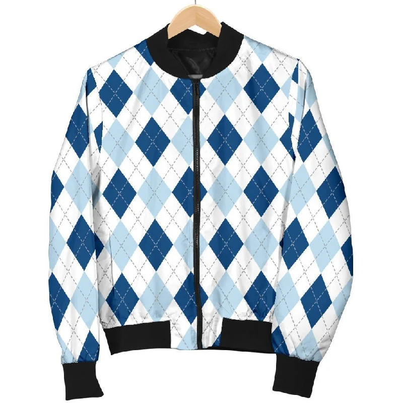 Argyle Blue Pattern Print Women Casual Bomber Jacket