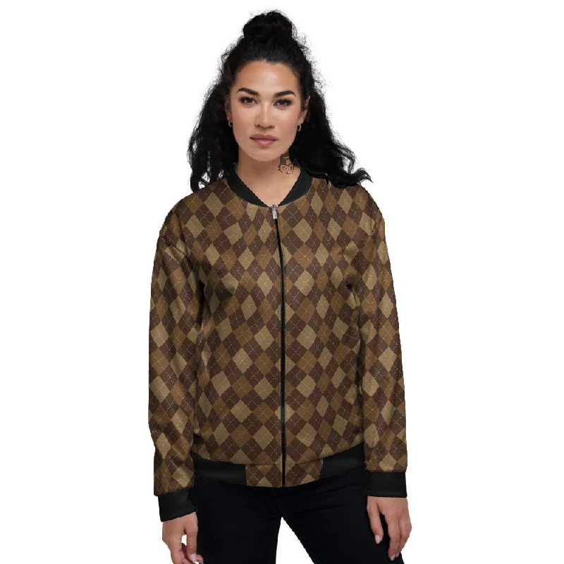 Argyle Brown Print Pattern Women's Bomber Jacket