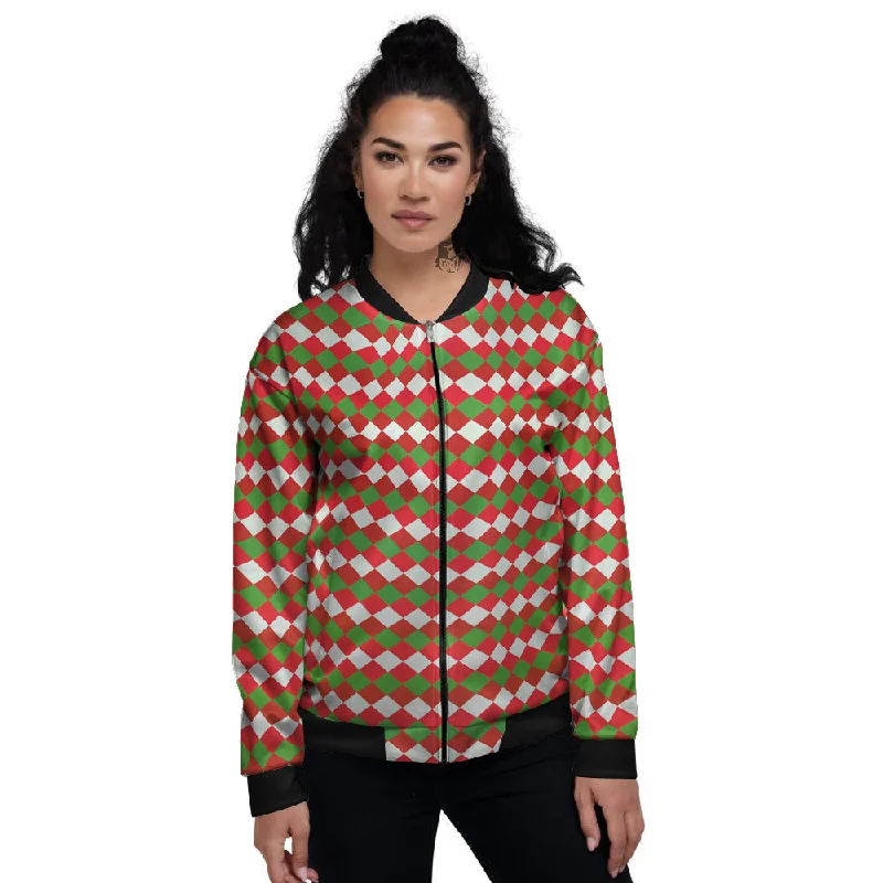 Argyle Christmas Themed Print Pattern Women's Bomber Jacket