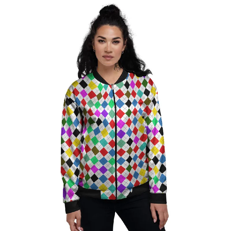 Argyle Colorful Print Pattern Women's Bomber Jacket