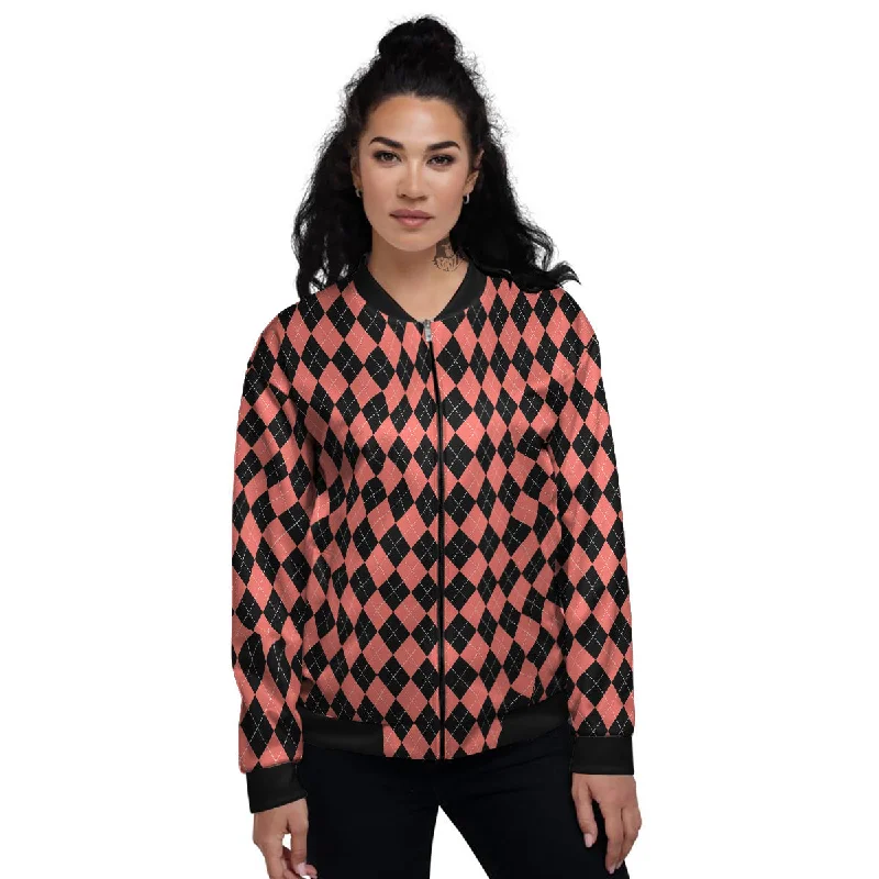 Argyle Coral And Black Print Pattern Women's Bomber Jacket