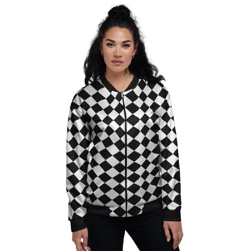 Argyle Diamond Shapes Black And White Print Pattern Women's Bomber Jacket