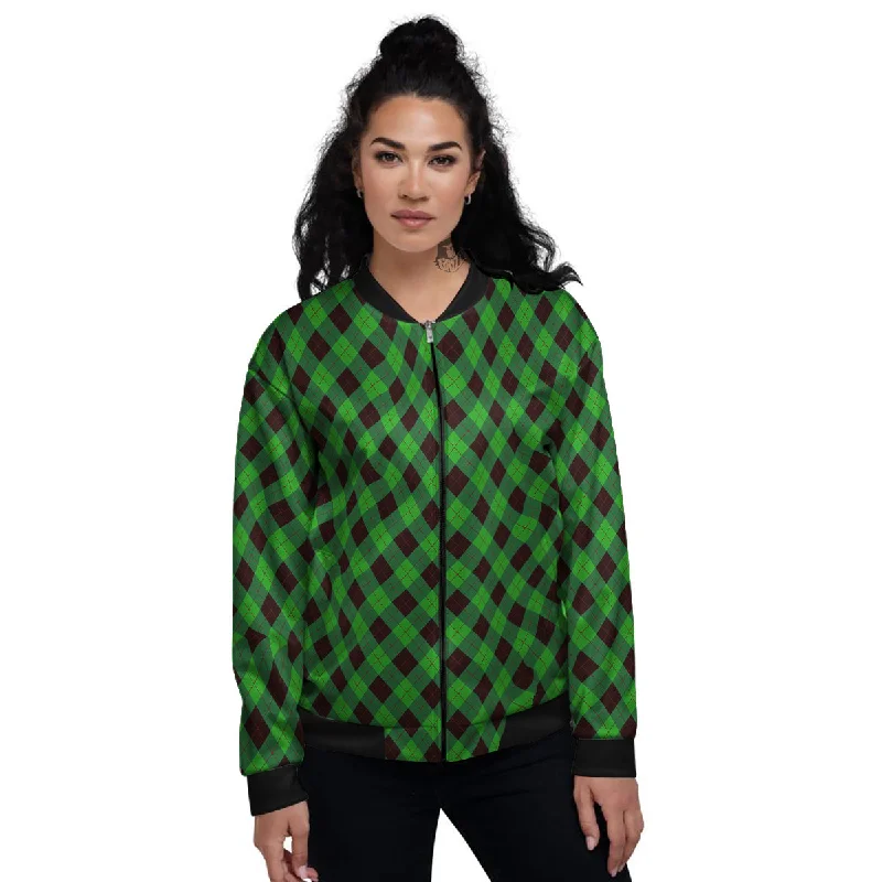 Argyle Green And Black Print Pattern Women's Bomber Jacket