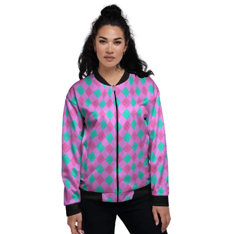 Argyle Green And Pink Print Pattern Women's Bomber Jacket