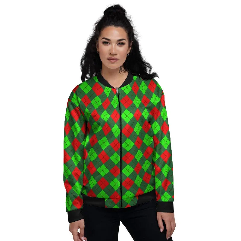 Argyle Green And Red Print Pattern Women's Bomber Jacket