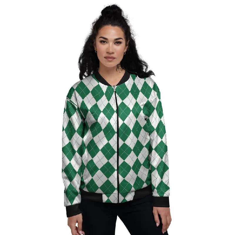 Argyle Green And White Print Pattern Women's Bomber Jacket