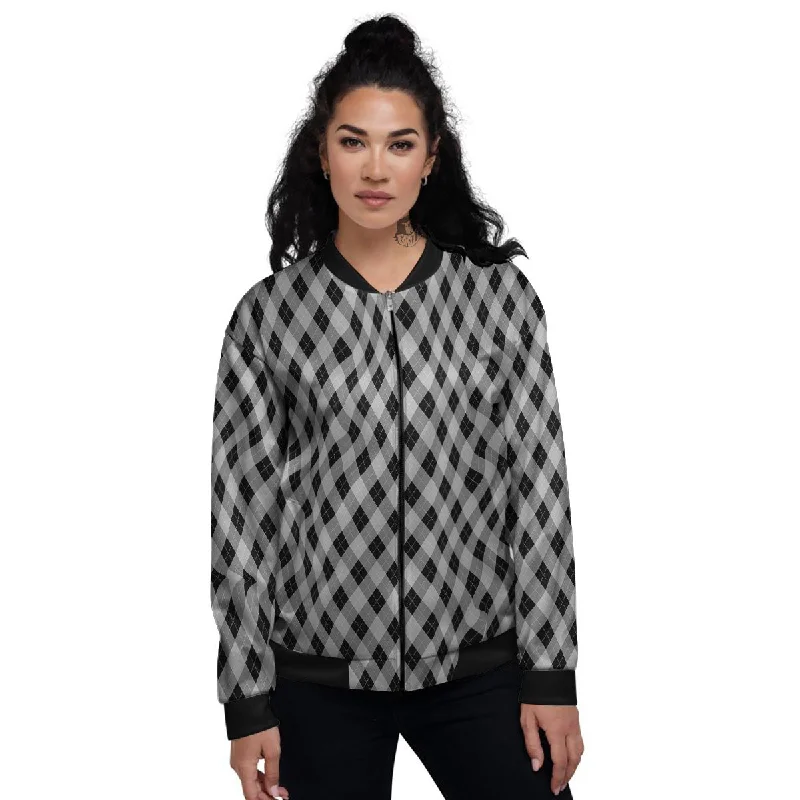 Argyle Grey And Black Print Pattern Women's Bomber Jacket