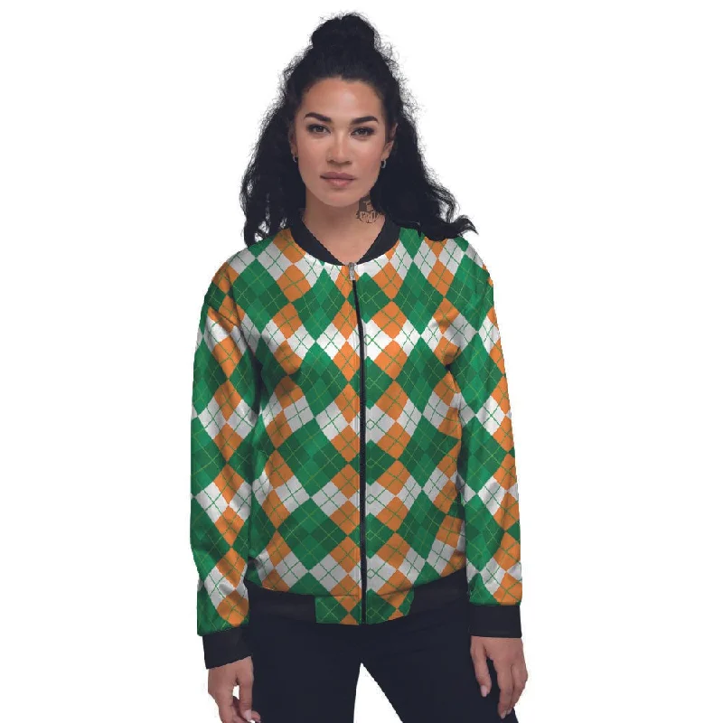 Argyle Irish Themed Print Pattern Women's Bomber Jacket