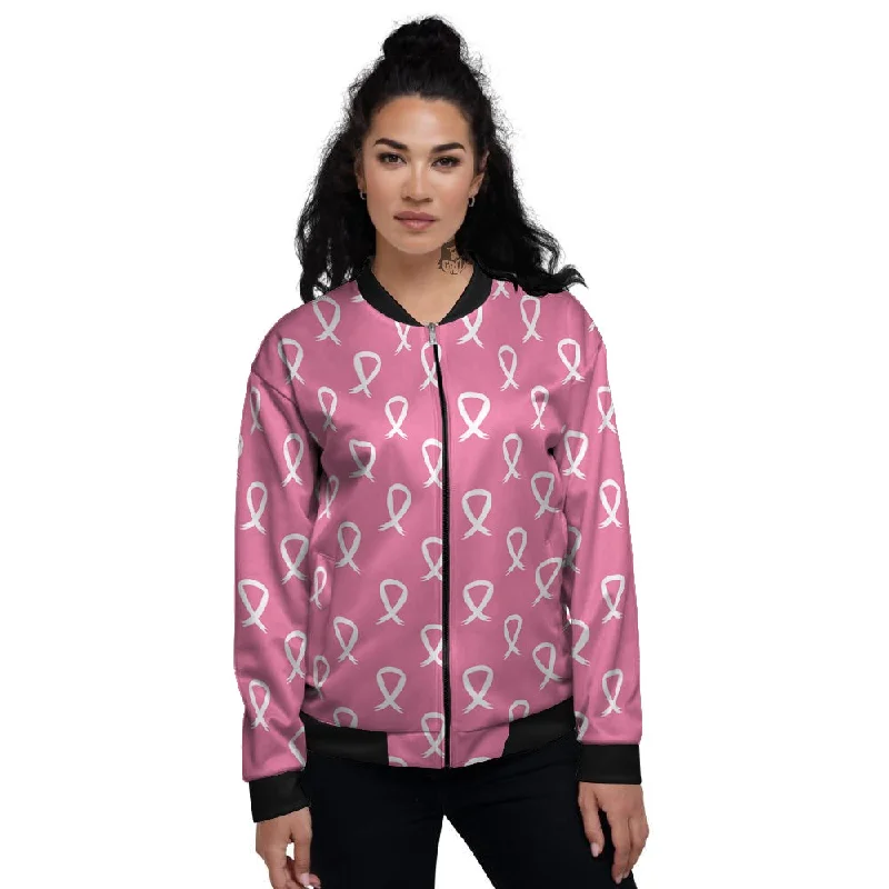 Breast Cancer Pink And White Print Pattern Women's Bomber Jacket