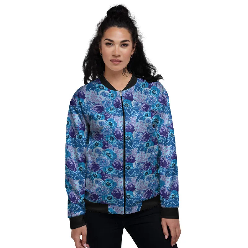 Bright Blue Rose Print Women's Bomber Jacket