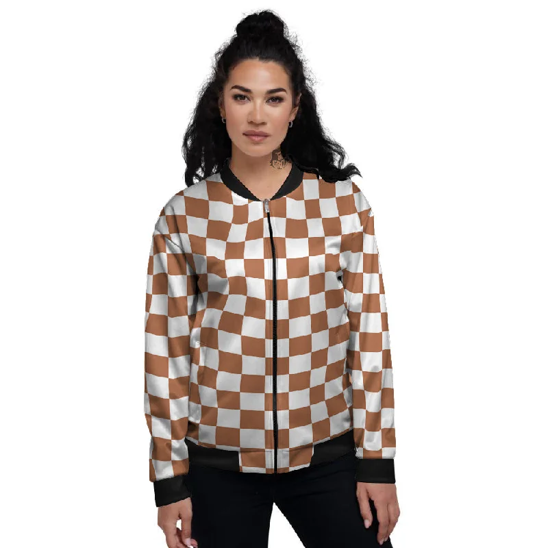 Bronze Checkered Flag Print Women's Bomber Jacket