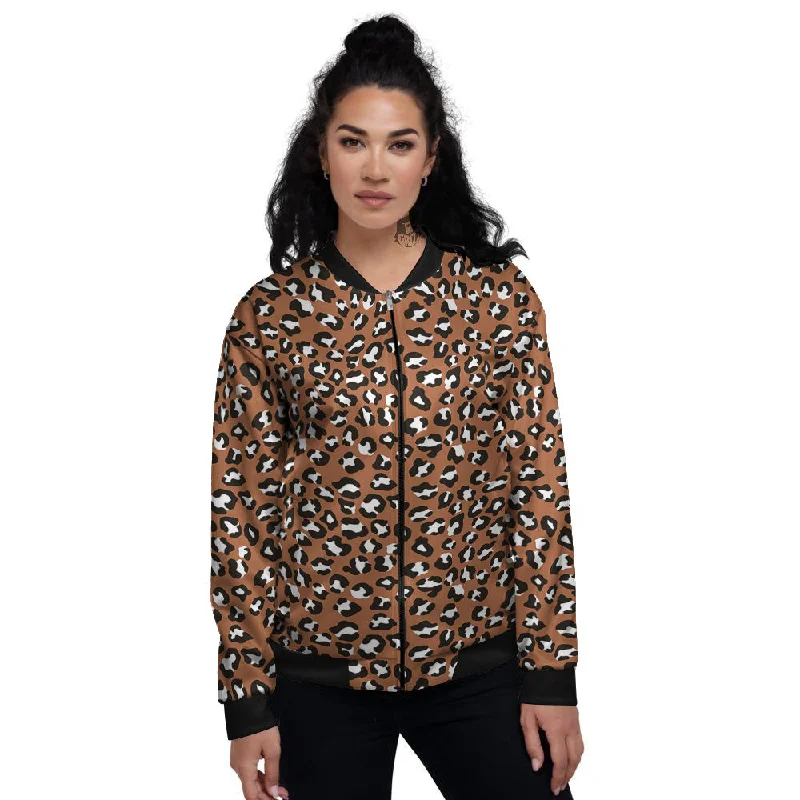 Bronze Leopard Print Pattern Women's Bomber Jacket