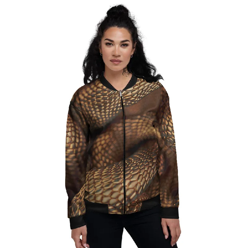 Bronze Snake Print Women's Bomber Jacket