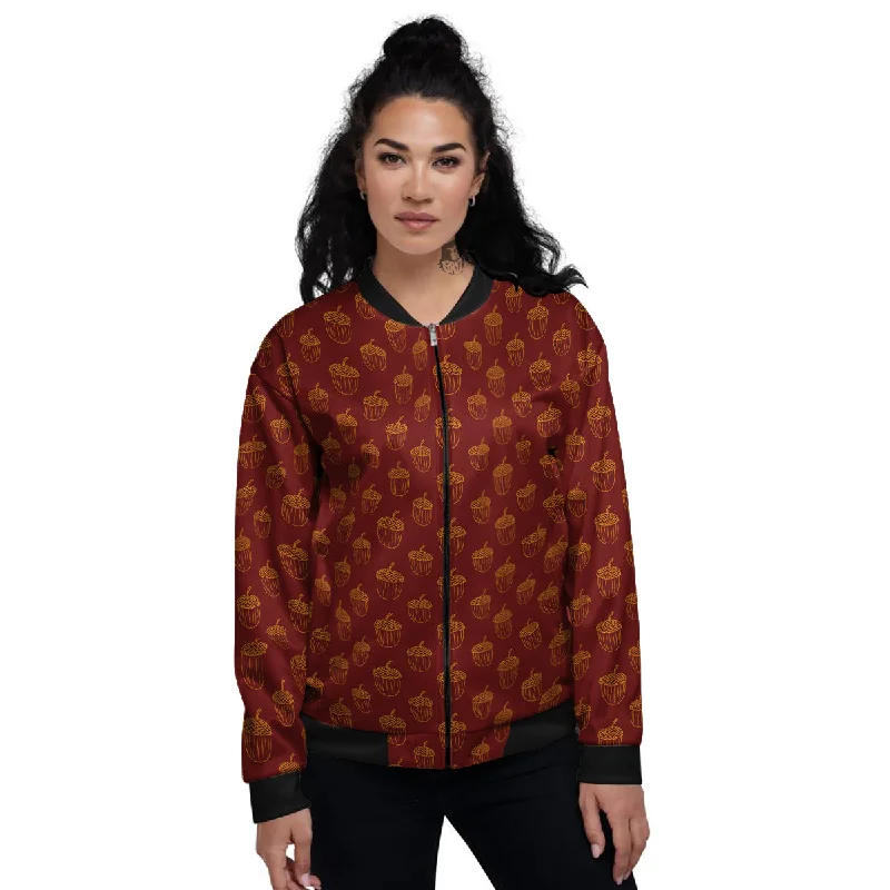 Brown Acorn Print Pattern Women's Bomber Jacket