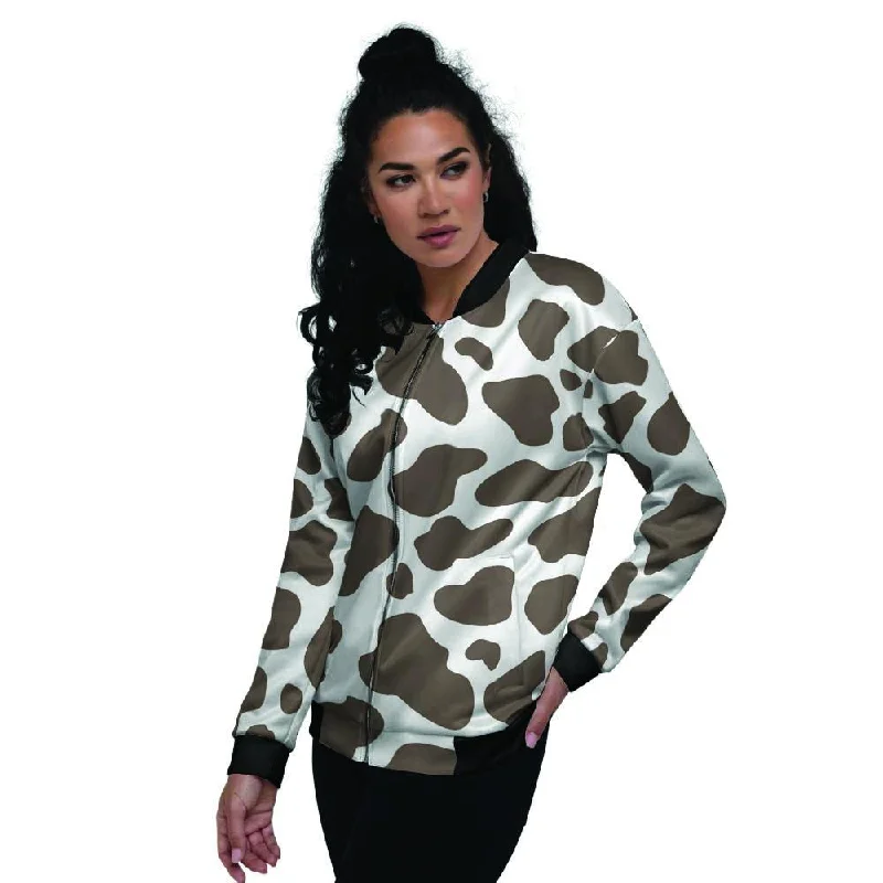 Brown And White Cow Print Women's Bomber Jacket