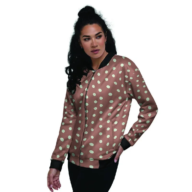 Brown And White Polka Dot Women's Bomber Jacket