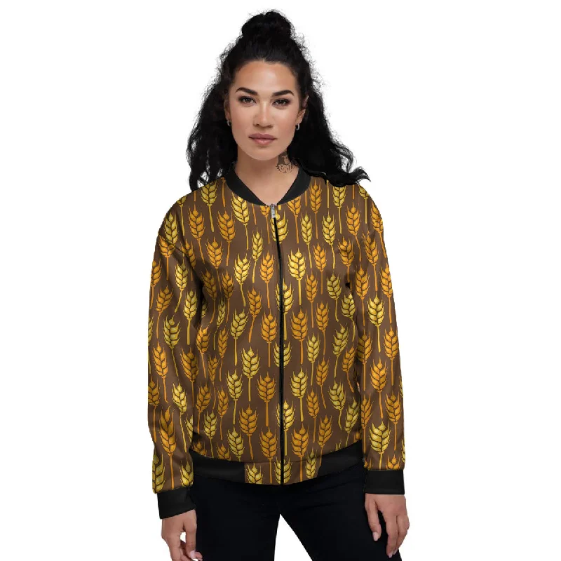 Brown And Yellow Wheat Print Pattern Women's Bomber Jacket