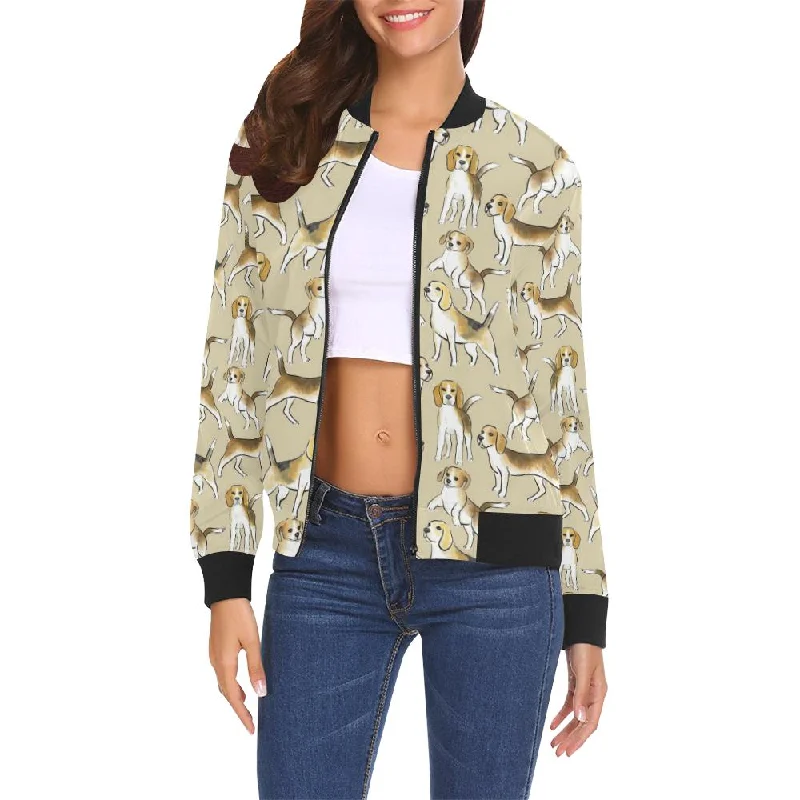 Brown Beagle Paw Pattern Print Women Casual Bomber Jacket