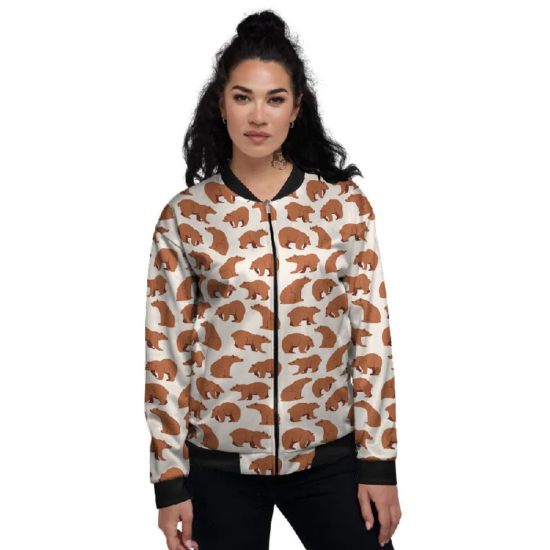 Brown Bear Cute Print Pattern Women's Bomber Jacket