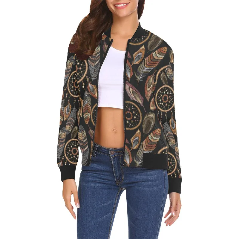 Brown Boho Peacock Dream Catcher Feather Pattern Print Women Casual Bomber Jacket