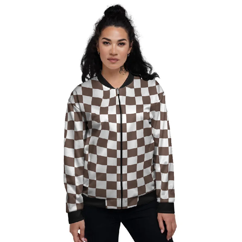 Brown Checkered Flag Print Women's Bomber Jacket