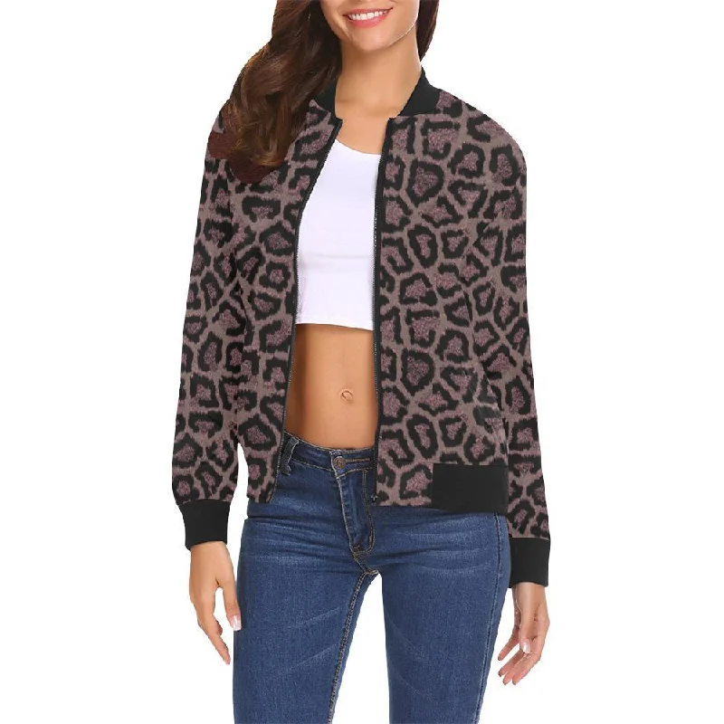 Brown Cheetah Leopard Pattern Print Women Casual Bomber Jacket