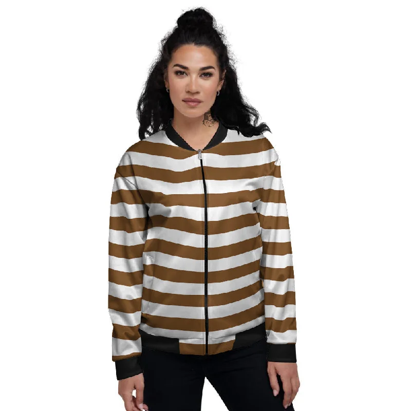 Brown Color Striped Print Women's Bomber Jacket